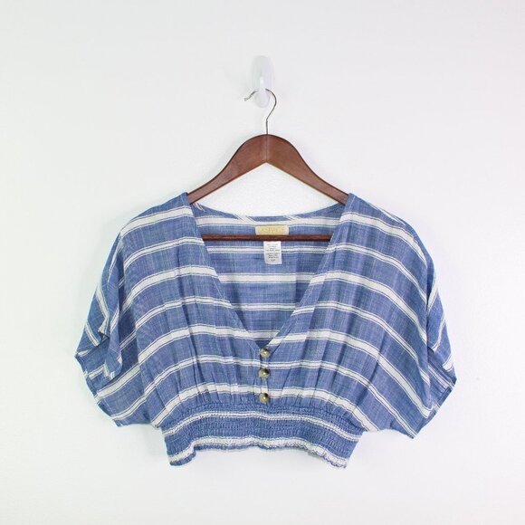 l*Space‎ Striped V-Neck Crop Top Blue S - Picture 1 of 4